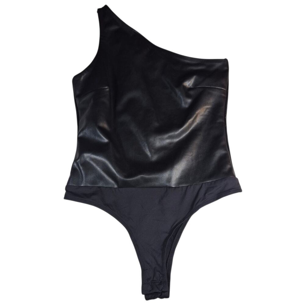 NEW Audrey Parks Women's One Shoulder Faux Leather Body Suit Black NWT Small